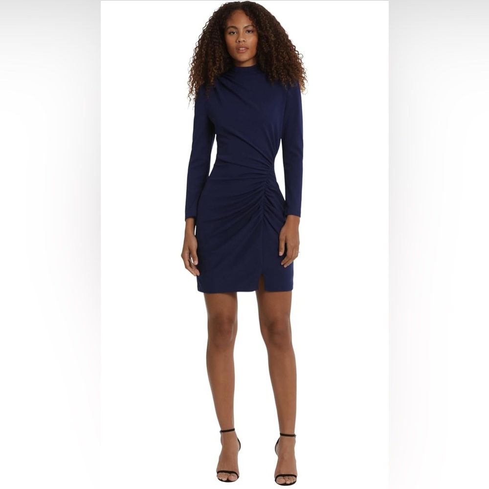 Donna Morgan Women's Long Sleeve Mock Neck Gathered Mini Dress5 - Picture 2 of 7